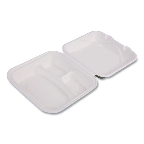 Image of Eco-Products® Vanguard Renewable and Compostable Sugarcane Clamshells, 3 Compartments, 9 x 9 x 3, White, 200/Carton