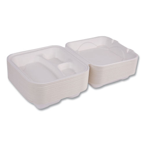 Image of Eco-Products® Vanguard Renewable and Compostable Sugarcane Clamshells, 3 Compartments, 9 x 9 x 3, White, 200/Carton