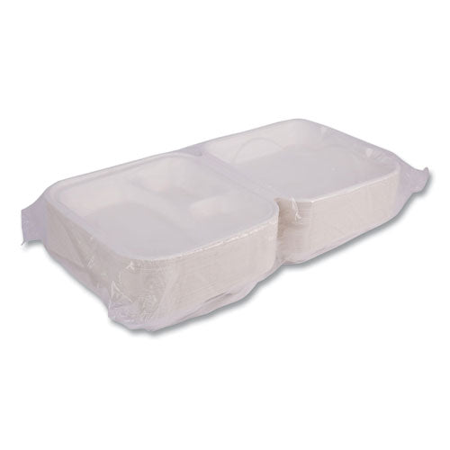 Image of Eco-Products® Vanguard Renewable and Compostable Sugarcane Clamshells, 3 Compartments, 9 x 9 x 3, White, 200/Carton