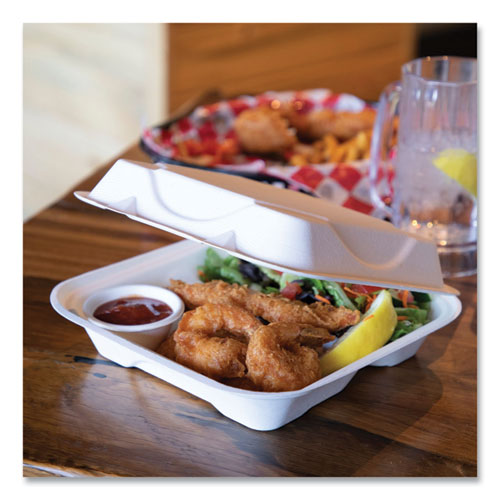 Image of Eco-Products® Vanguard Renewable and Compostable Sugarcane Clamshells, 3 Compartments, 9 x 9 x 3, White, 200/Carton