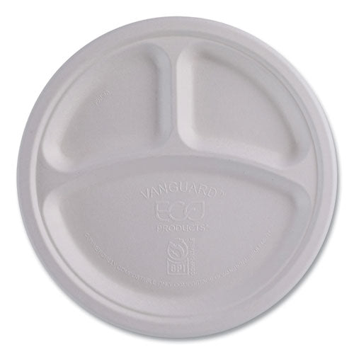 Image of Eco-Products® Vanguard Renewable and Compostable Sugarcane Plates, 3-Compartment Plate, 10" dia, White, 500/Carton