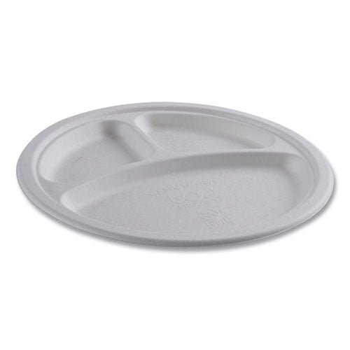 Image of Eco-Products® Vanguard Renewable and Compostable Sugarcane Plates, 3-Compartment Plate, 10" dia, White, 500/Carton