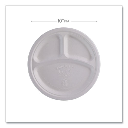 Image of Eco-Products® Vanguard Renewable and Compostable Sugarcane Plates, 3-Compartment Plate, 10" dia, White, 500/Carton