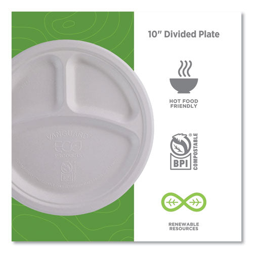 Image of Eco-Products® Vanguard Renewable and Compostable Sugarcane Plates, 3-Compartment Plate, 10" dia, White, 500/Carton