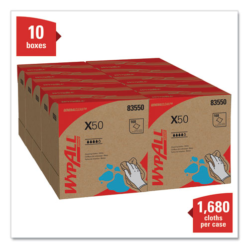 Image of WypAll® X50 Cloths, POP-UP Box, 12.5 x 9.1, White, 168/Box, 10 Boxes/Carton