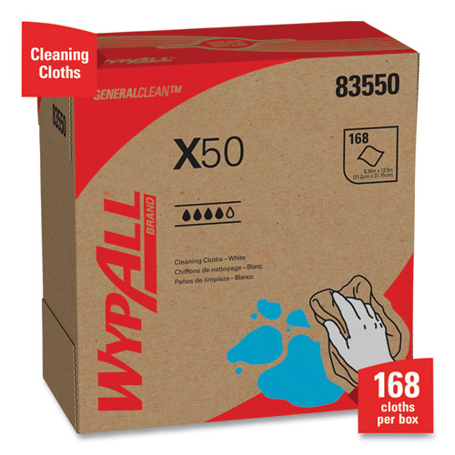 Image of WypAll® X50 Cloths, POP-UP Box, 12.5 x 9.1, White, 168/Box, 10 Boxes/Carton