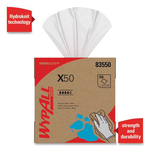 Image of WypAll® X50 Cloths, POP-UP Box, 12.5 x 9.1, White, 168/Box, 10 Boxes/Carton