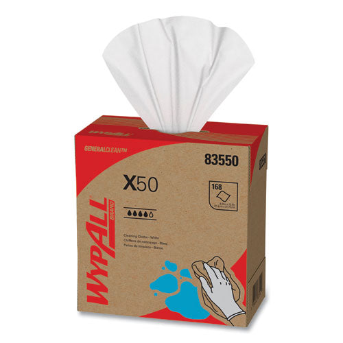 Image of WypAll® X50 Cloths, POP-UP Box, 12.5 x 9.1, White, 168/Box, 10 Boxes/Carton