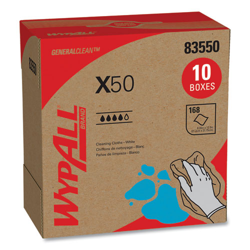 Image of WypAll® X50 Cloths, POP-UP Box, 12.5 x 9.1, White, 168/Box, 10 Boxes/Carton