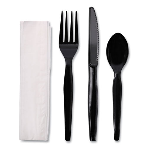 Image of Boardwalk® Four-Piece Cutlery Kit, Heavyweight, Fork/Knife/Napkin/Spoon, Plastic, Black, 250/Carton