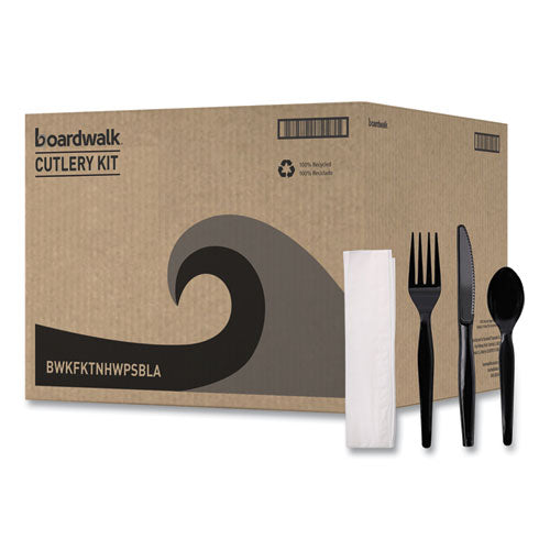 Image of Boardwalk® Four-Piece Cutlery Kit, Heavyweight, Fork/Knife/Napkin/Spoon, Plastic, Black, 250/Carton