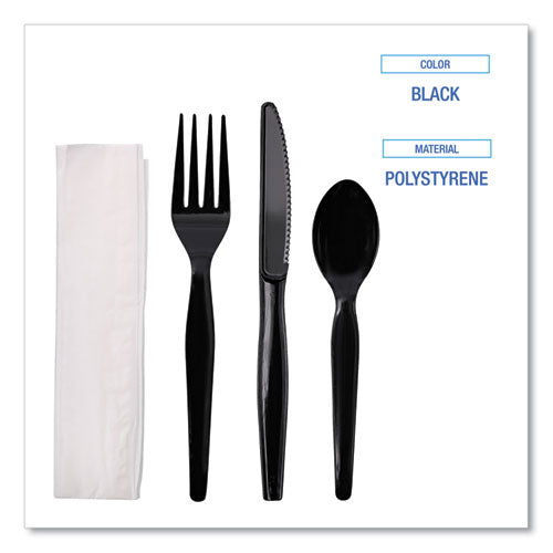 Image of Boardwalk® Four-Piece Cutlery Kit, Heavyweight, Fork/Knife/Napkin/Spoon, Plastic, Black, 250/Carton