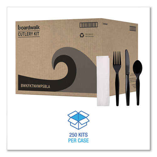 Image of Boardwalk® Four-Piece Cutlery Kit, Heavyweight, Fork/Knife/Napkin/Spoon, Plastic, Black, 250/Carton