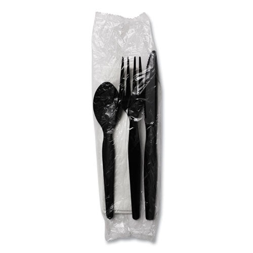 Image of Boardwalk® Four-Piece Cutlery Kit, Heavyweight, Fork/Knife/Napkin/Spoon, Plastic, Black, 250/Carton