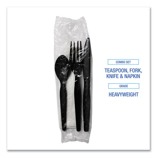 Image of Boardwalk® Four-Piece Cutlery Kit, Heavyweight, Fork/Knife/Napkin/Spoon, Plastic, Black, 250/Carton