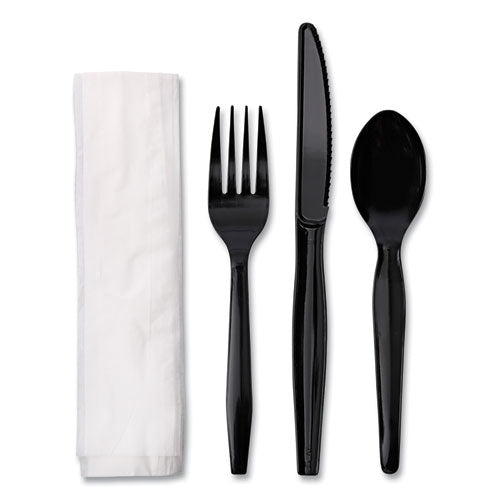 Image of Boardwalk® Four-Piece Cutlery Kit, Mediumweight, Fork/Knife/Napkin/Spoon, Plastic, Black, 250/Carton