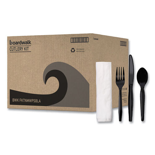 Image of Boardwalk® Four-Piece Cutlery Kit, Mediumweight, Fork/Knife/Napkin/Spoon, Plastic, Black, 250/Carton