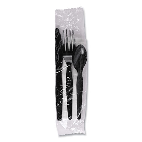 Image of Boardwalk® Four-Piece Cutlery Kit, Mediumweight, Fork/Knife/Napkin/Spoon, Plastic, Black, 250/Carton