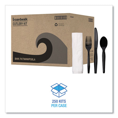 Image of Boardwalk® Four-Piece Cutlery Kit, Mediumweight, Fork/Knife/Napkin/Spoon, Plastic, Black, 250/Carton
