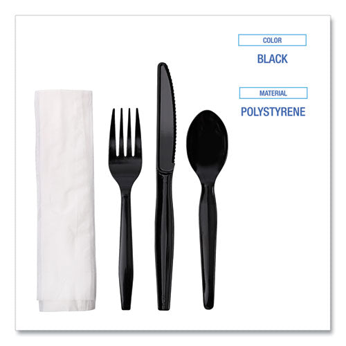 Image of Boardwalk® Four-Piece Cutlery Kit, Mediumweight, Fork/Knife/Napkin/Spoon, Plastic, Black, 250/Carton