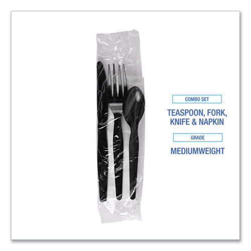 Image of Boardwalk® Four-Piece Cutlery Kit, Mediumweight, Fork/Knife/Napkin/Spoon, Plastic, Black, 250/Carton