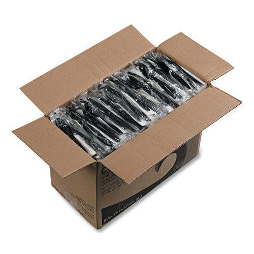 Image of Boardwalk® Four-Piece Cutlery Kit, Mediumweight, Fork/Knife/Napkin/Spoon, Plastic, Black, 250/Carton