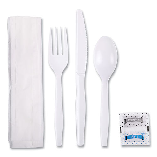 Image of Boardwalk® Six-Piece Cutlery Kit, Mediumweight, Fork/Knife/Napkin/Pepper/Salt/Spoon, Plastic, White, 250/Carton