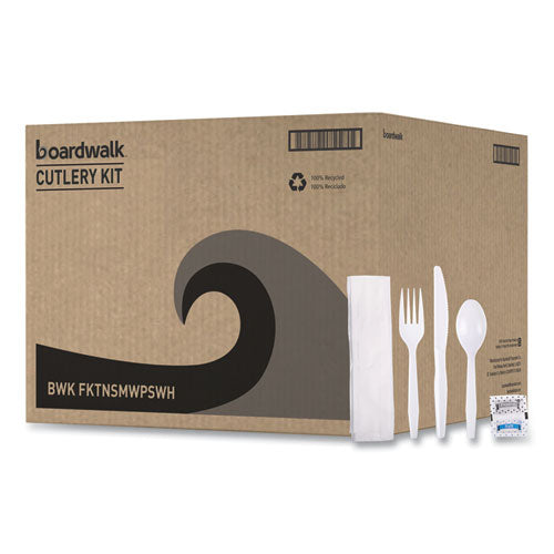 Image of Boardwalk® Six-Piece Cutlery Kit, Mediumweight, Fork/Knife/Napkin/Pepper/Salt/Spoon, Plastic, White, 250/Carton