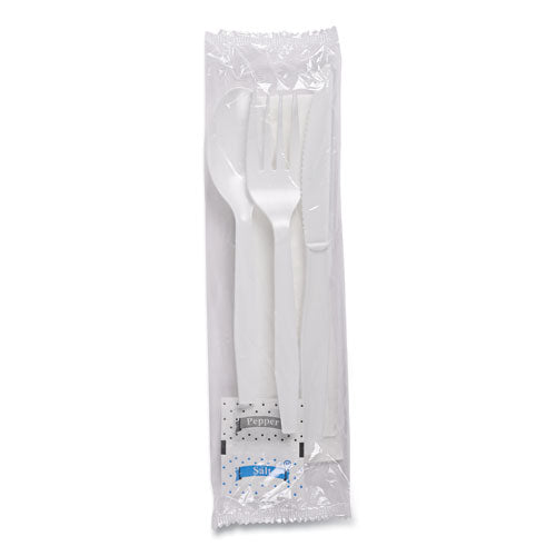 Image of Boardwalk® Six-Piece Cutlery Kit, Mediumweight, Fork/Knife/Napkin/Pepper/Salt/Spoon, Plastic, White, 250/Carton