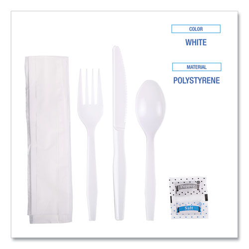Image of Boardwalk® Six-Piece Cutlery Kit, Mediumweight, Fork/Knife/Napkin/Pepper/Salt/Spoon, Plastic, White, 250/Carton