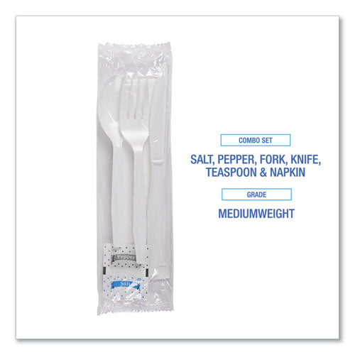 Image of Boardwalk® Six-Piece Cutlery Kit, Mediumweight, Fork/Knife/Napkin/Pepper/Salt/Spoon, Plastic, White, 250/Carton