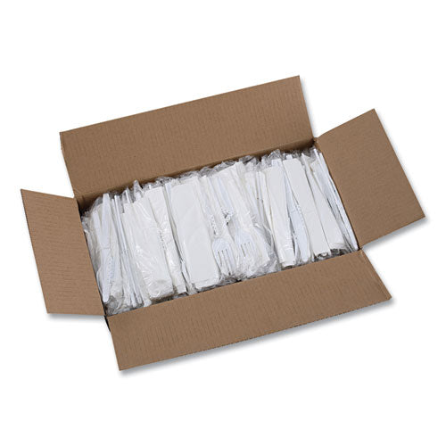 Image of Boardwalk® Six-Piece Cutlery Kit, Mediumweight, Fork/Knife/Napkin/Pepper/Salt/Spoon, Plastic, White, 250/Carton