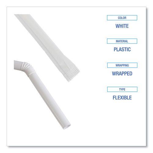 Image of Boardwalk® Flexible Wrapped Straws, 7.75", Plastic, White, 500/pack, 20 Packs/carton