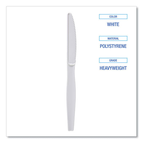 Image of Boardwalk® Heavyweight Polystyrene Cutlery, Knife, Plastic, White, 1,000/Carton