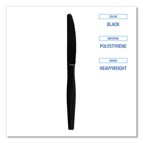 Image of Boardwalk® Heavyweight Polystyrene Cutlery, Knife, Plastic, Black, 1,000/Carton