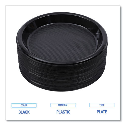Image of Boardwalk® Hi-Impact Plastic Dinnerware, Plate, 10" dia, Black, 125/Sleeve, 4 Sleeves/Carton