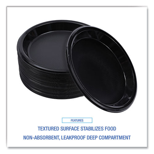 Image of Boardwalk® Hi-Impact Plastic Dinnerware, Plate, 10" dia, Black, 125/Sleeve, 4 Sleeves/Carton