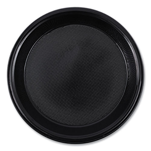 Image of Boardwalk® Hi-Impact Plastic Dinnerware, Plate, 10" dia, Black, 125/Sleeve, 4 Sleeves/Carton