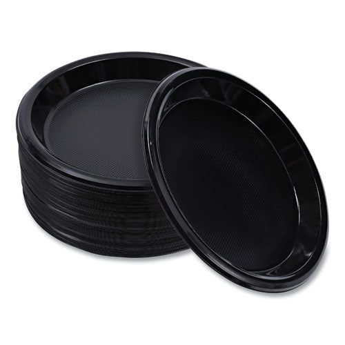 Image of Boardwalk® Hi-Impact Plastic Dinnerware, Plate, 10" dia, Black, 125/Sleeve, 4 Sleeves/Carton