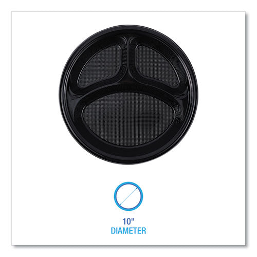 Image of Boardwalk® Hi-Impact Plastic Dinnerware, 3-Compartment Plate, 10" dia, Black, 125/Sleeve, 4 Sleeves/Carton