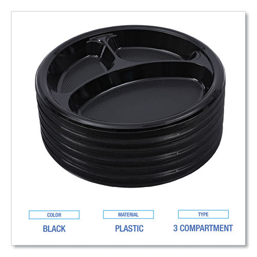 Image of Boardwalk® Hi-Impact Plastic Dinnerware, 3-Compartment Plate, 10" dia, Black, 125/Sleeve, 4 Sleeves/Carton