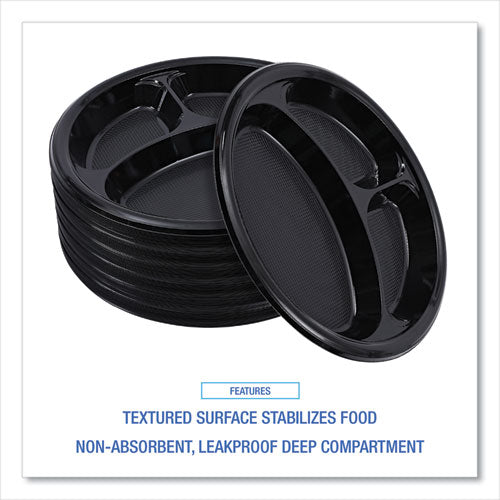 Image of Boardwalk® Hi-Impact Plastic Dinnerware, 3-Compartment Plate, 10" dia, Black, 125/Sleeve, 4 Sleeves/Carton