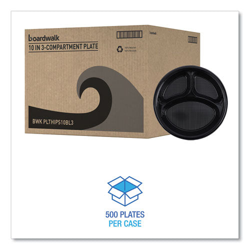 Image of Boardwalk® Hi-Impact Plastic Dinnerware, 3-Compartment Plate, 10" dia, Black, 125/Sleeve, 4 Sleeves/Carton