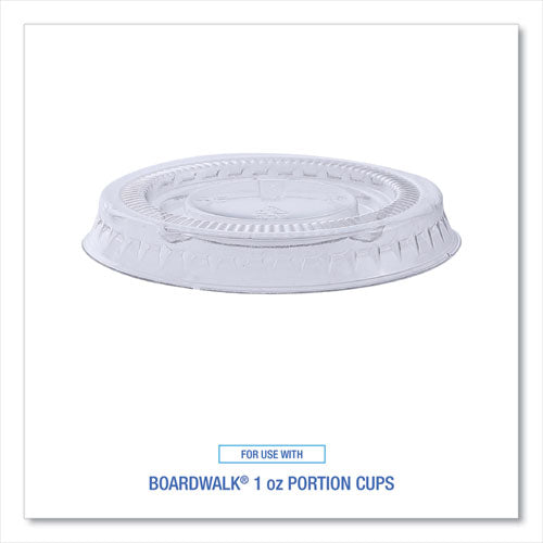 Image of Boardwalk® Souffle/Portion Cup Lids, Fits 1 oz Portion Cups, Plastic, Clear, 2,500/Carton