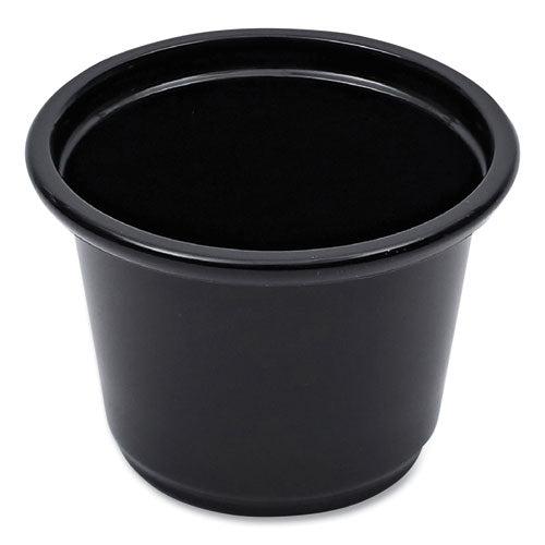 Image of Boardwalk® Souffle/Portion Cups, 1 oz, Plastic, Black, 125/Sleeve, 20 Sleeves/Carton