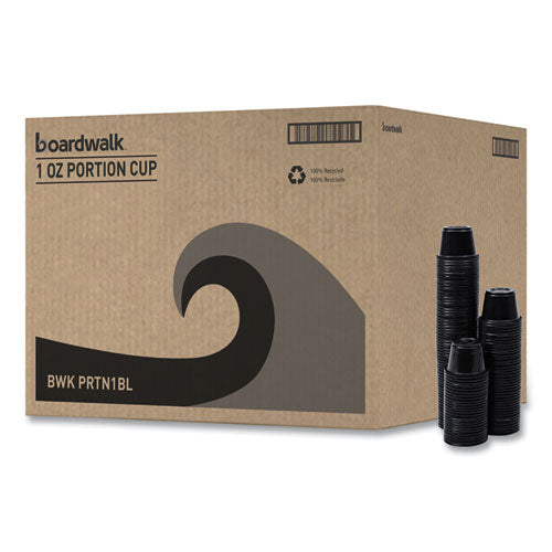 Image of Boardwalk® Souffle/Portion Cups, 1 oz, Plastic, Black, 125/Sleeve, 20 Sleeves/Carton