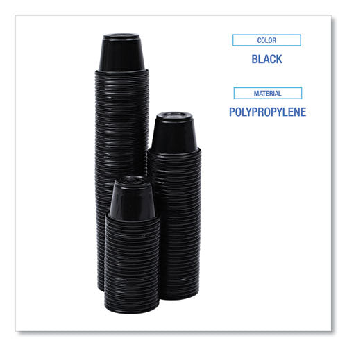 Image of Boardwalk® Souffle/Portion Cups, 1 oz, Plastic, Black, 125/Sleeve, 20 Sleeves/Carton