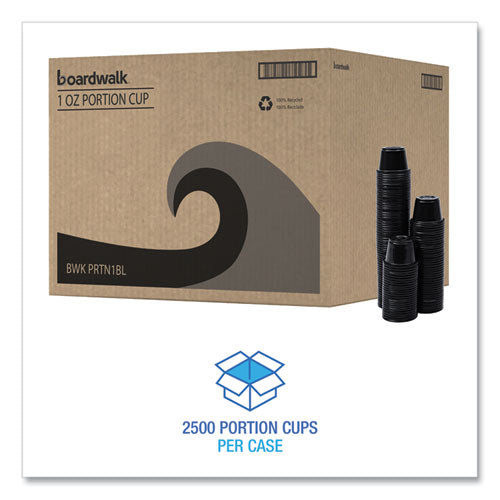 Image of Boardwalk® Souffle/Portion Cups, 1 oz, Plastic, Black, 125/Sleeve, 20 Sleeves/Carton