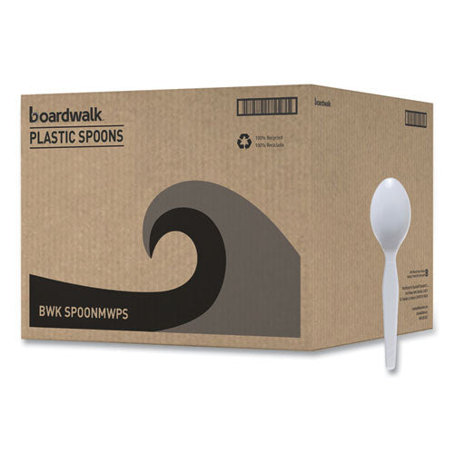 Image of Boardwalk® Mediumweight Polystyrene Cutlery, Spoon, Plastic, White, 100/Box, 10 Boxes/Carton