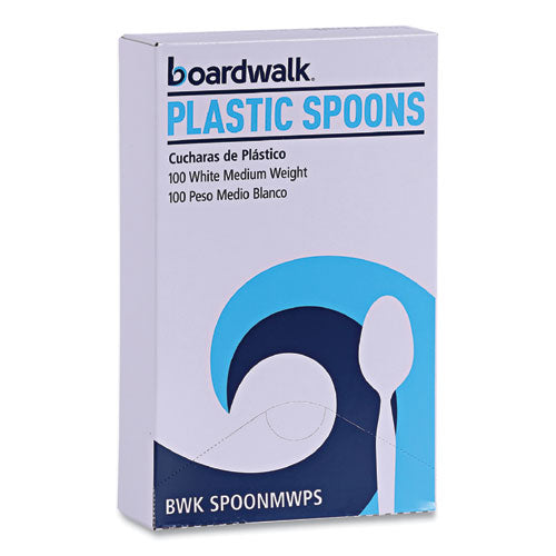 Image of Boardwalk® Mediumweight Polystyrene Cutlery, Spoon, Plastic, White, 100/Box, 10 Boxes/Carton